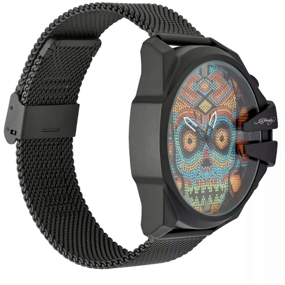 Ed Hardy Skull Men's Mesh Analog Watch Black NWT Multicolor - Picture 9 of 10